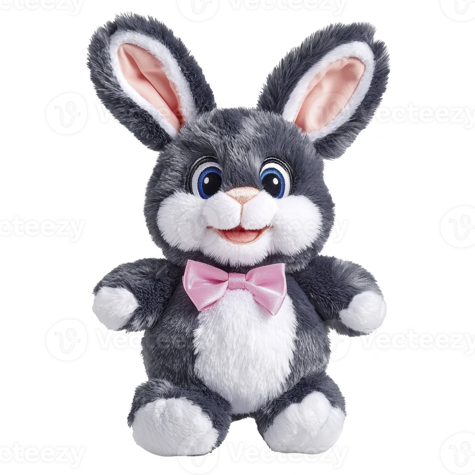 Cute plush bunny toy with gray fur, white belly, and pink bow tie, featuring large ears and cheerful expression. Perfect for children and collectors png