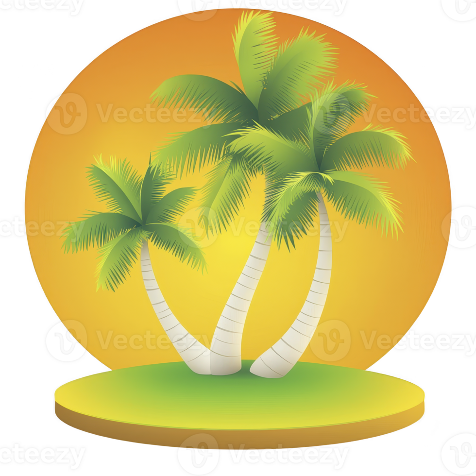 Tropical palm trees with lush green leaves stand against vibrant orange sunset background, creating serene and warm atmosphere png