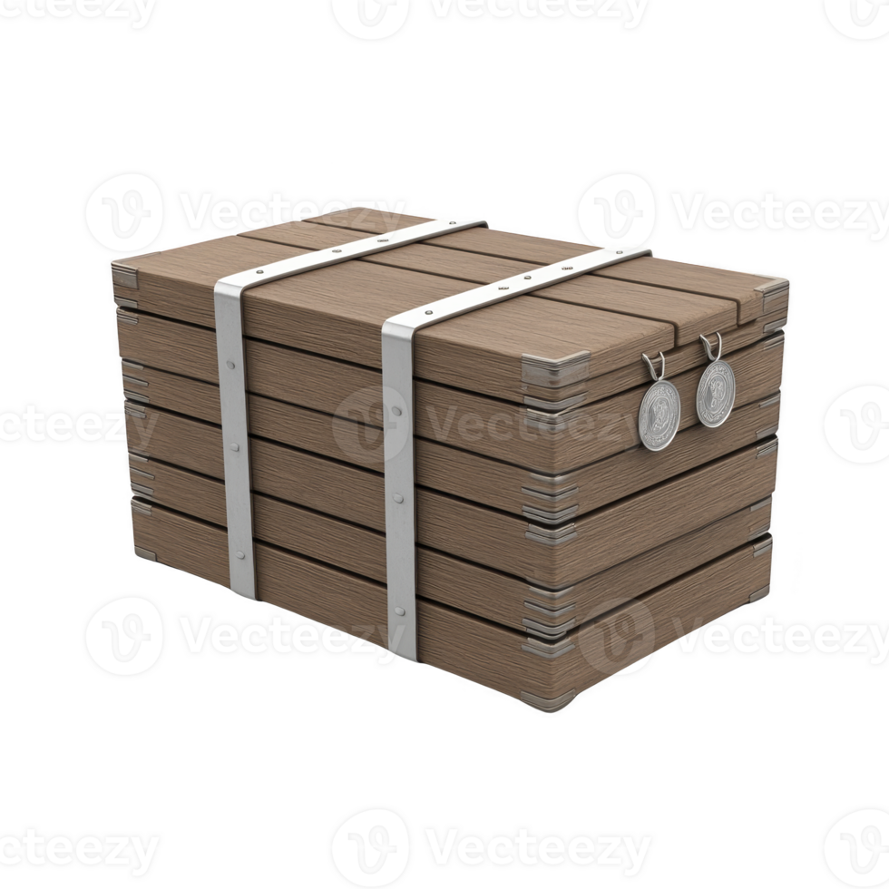 Wooden crate with metal straps and two metal seals is shown, suggesting secure packaging or storage. crate design is simple yet sturdy, ideal for transporting goods safely png