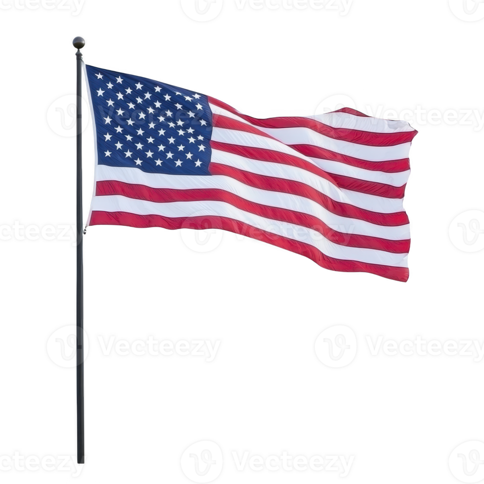 Image shows American flag waving on flagpole against clear sky, symbolizing patriotism and national pride. flag features red and white stripes with blue field of white stars png