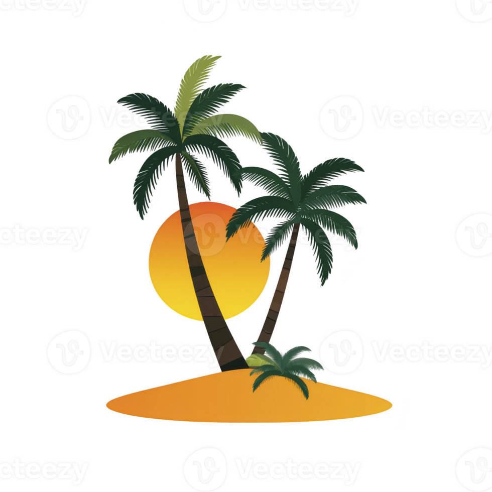 Tropical island scene with two palm trees and vibrant sunset creates serene and relaxing atmosphere. warm colors of sun contrast beautifully with lush green leaves png
