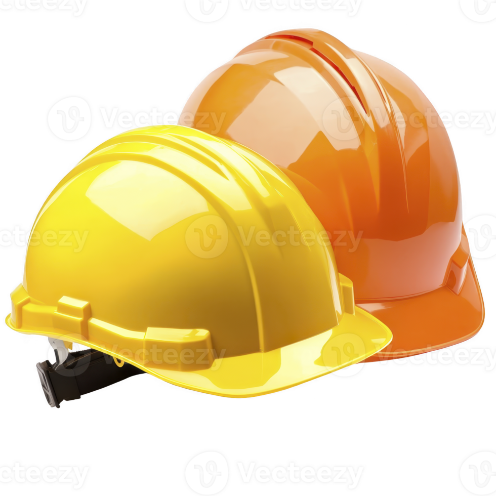 Two safety helmets, one yellow and one orange, are shown side by side, symbolizing construction and safety. helmets are glossy and reflect light, emphasizing their sturdy design png