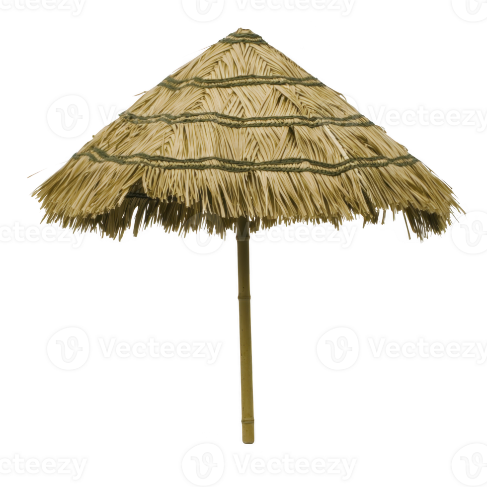 Straw beach umbrella with thatched roof provides shade and tropical feel, perfect for outdoor relaxation. natural materials and rustic design evoke sense of tranquility png