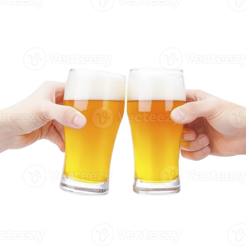 Two hands clinking glasses of frothy beer in celebratory toast, showcasing refreshing golden beverage. image captures moment of joy and camaraderie png