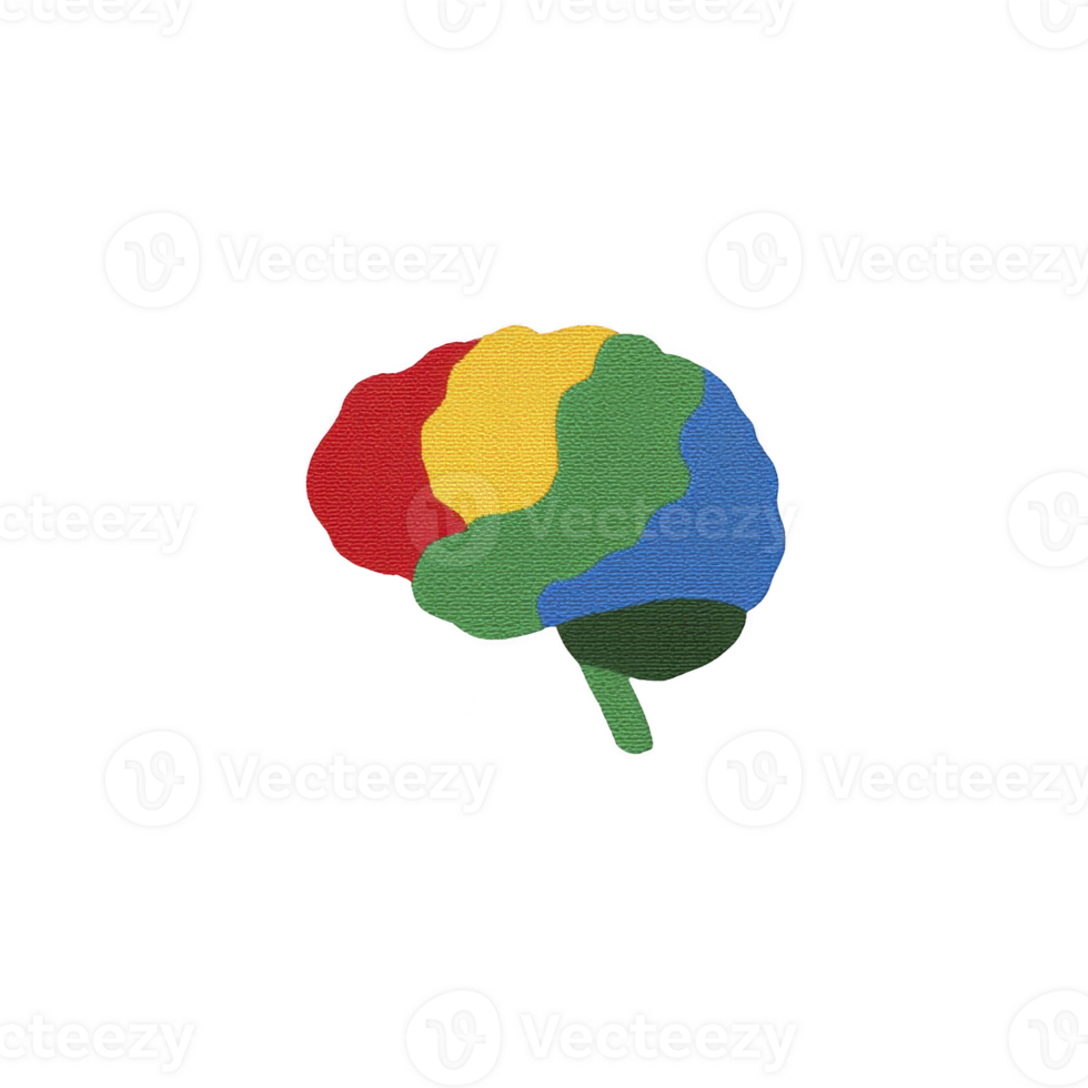 Colorful brain illustration with sections in red, yellow, green, and blue, symbolizing creativity and diversity. design is simple and abstract, set against transparency background png