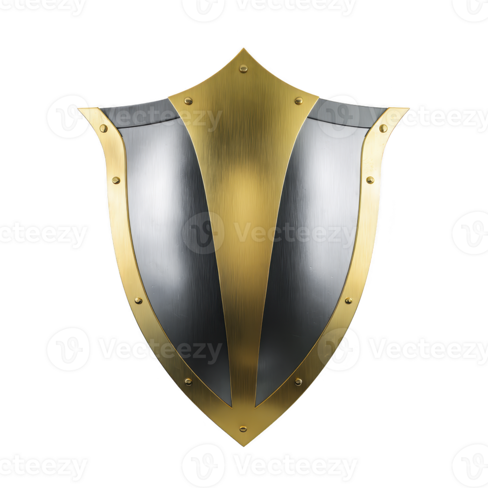 Metallic shield with gold and silver design, featuring sleek, polished surface and riveted edges, symbolizes protection and strength png
