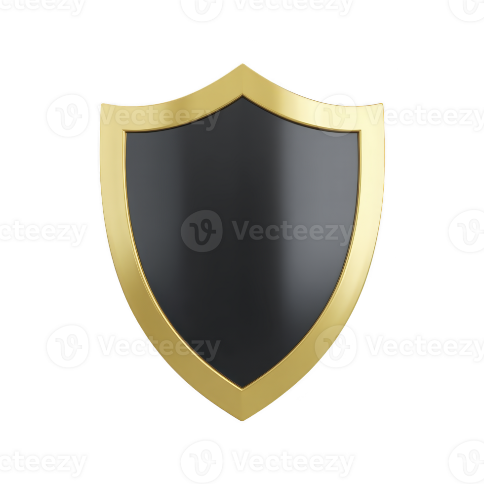 Sleek black shield with shiny gold border, symbolizing protection and security. minimalist design conveys strength and elegance, suitable for various digital or print uses png