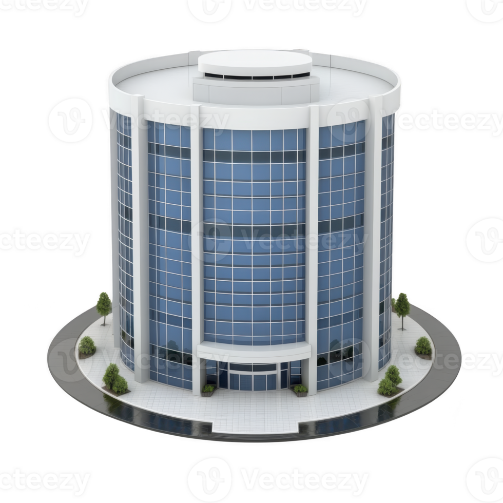 Modern cylindrical office building with blue tinted glass windows and white facade, surrounded by paved walkway and small trees, exuding sleek and professional appearance png
