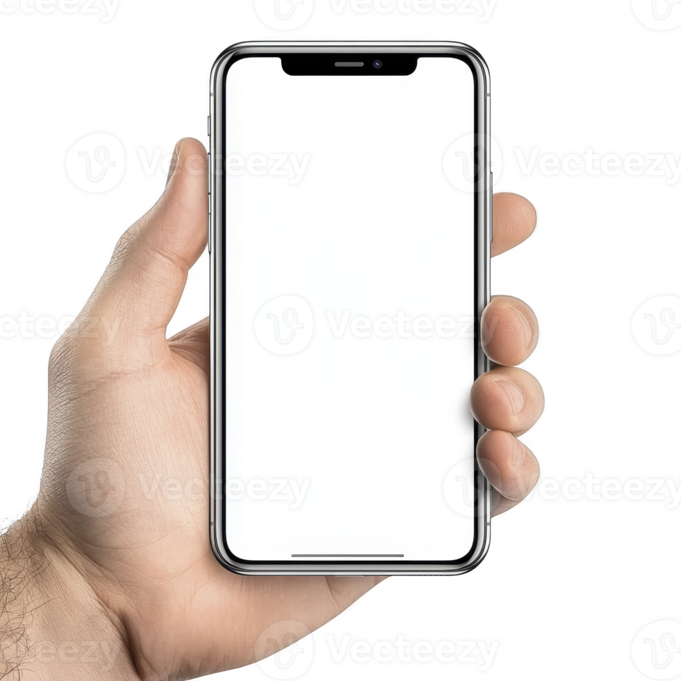 Hand holding modern smartphone with blank white screen, perfect for showcasing apps or designs. phone has sleek design with thin bezel, emphasizing its contemporary style png