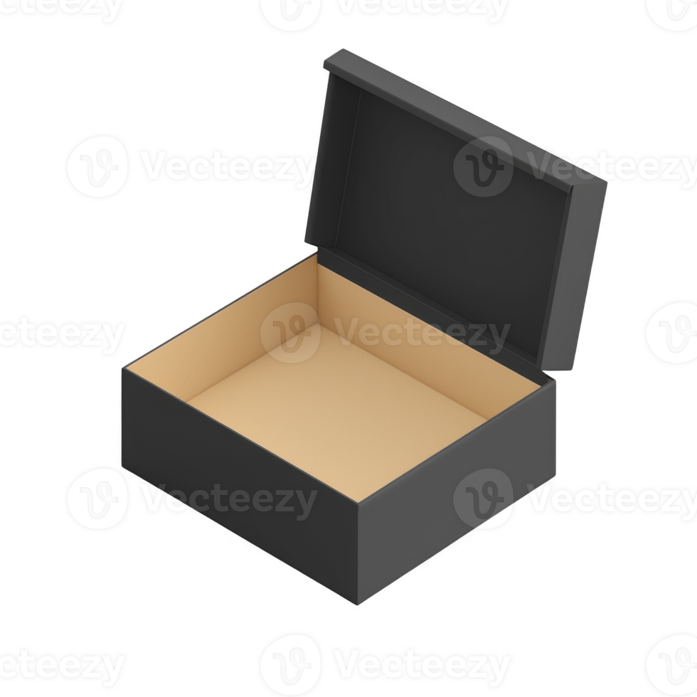 Open black cardboard box with beige interior is displayed, showcasing its simple and functional design. lid is partially open, revealing spacious inside png