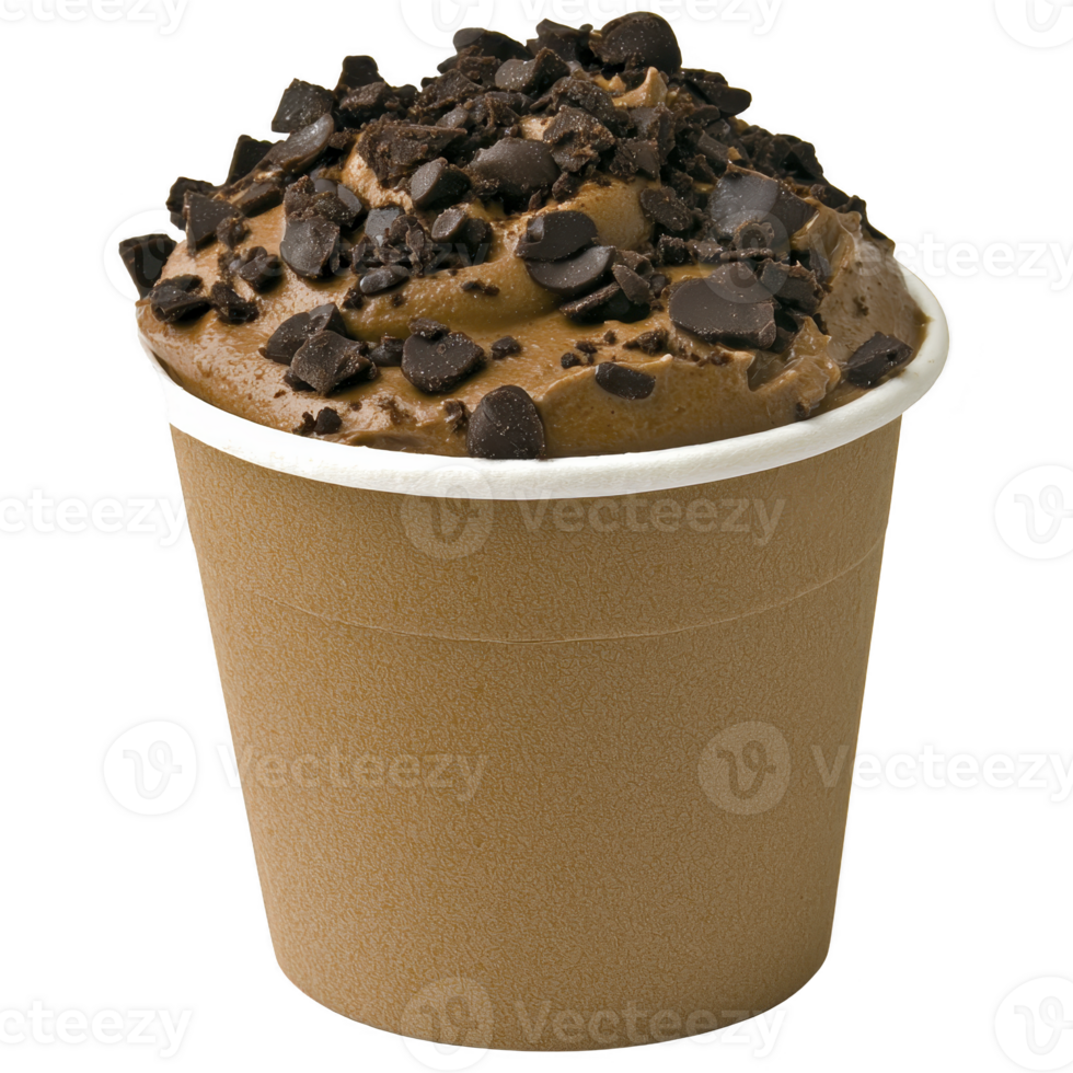 Cup of rich chocolate ice cream topped with chunks of dark chocolate, served in brown paper cup, offers delightful treat. creamy texture and indulgent flavor make it irresistible png