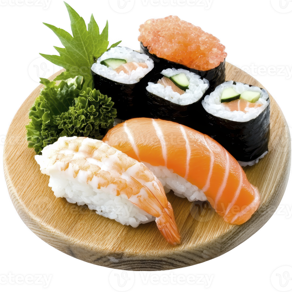 de madeira prato com variedade do Sushi, Incluindo nigiri com camarão e salmão, e maki rolos coberto com peixe ovas, enfeitado com verde folhas png