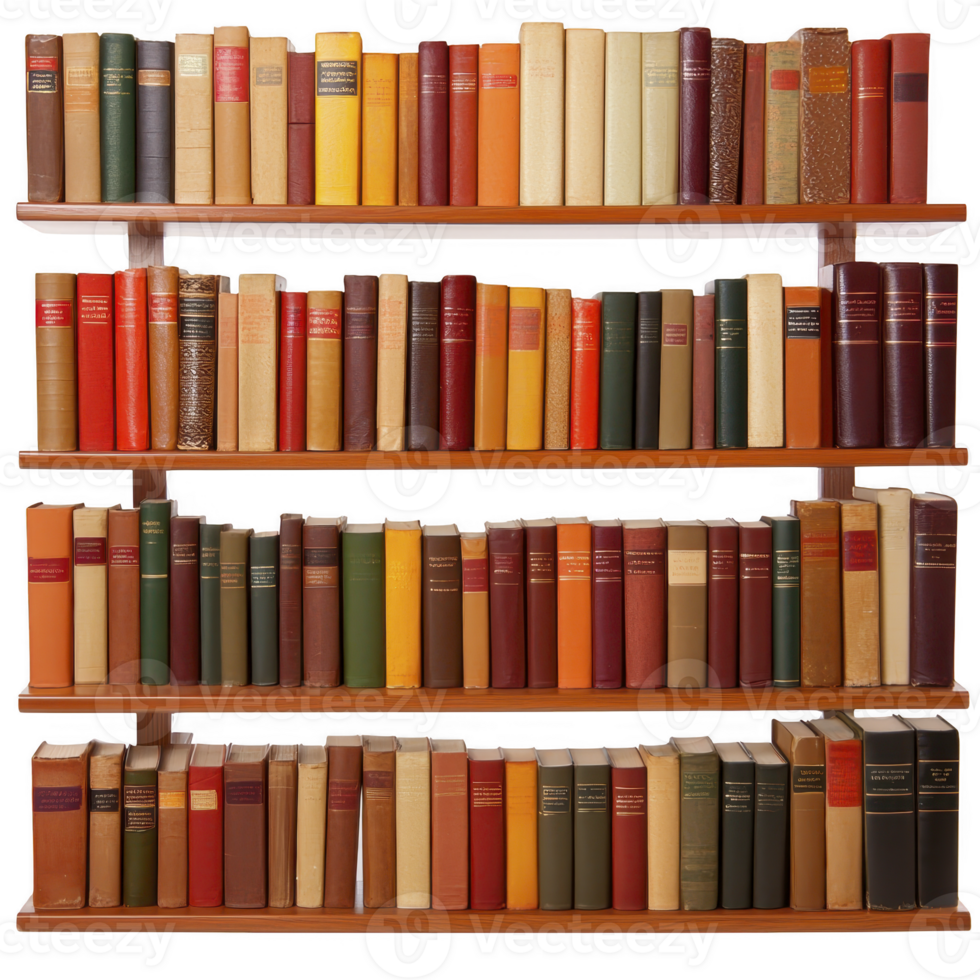 Wooden bookshelf filled with variety of colorful hardcover books, organized neatly in rows. books have different sizes and colors, creating vibrant and intellectual atmosphere png