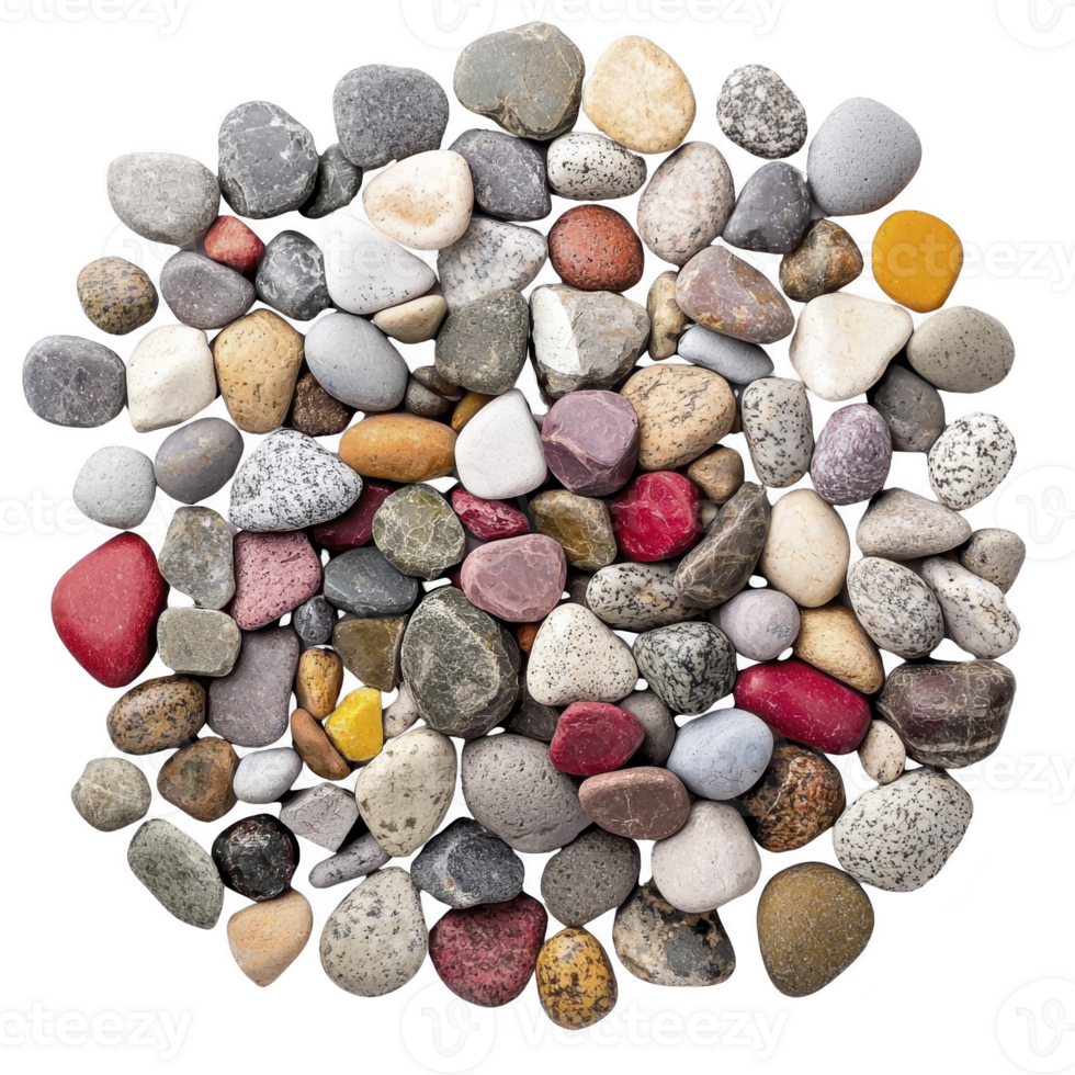 Collection of colorful pebbles in various shapes and sizes, arranged in circular pattern. stones display range of hues including red, yellow, gray, and white, creating vibrant and natural mosaic png