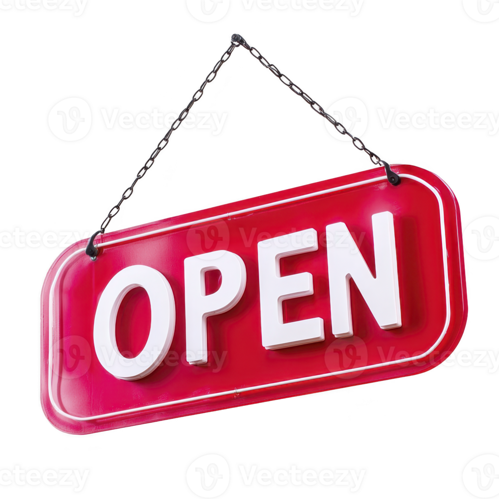 bright red open sign hangs invitingly, signaling that business is ready to welcome customers. bold white letters stand out against vibrant background, creating welcoming atmosphere png