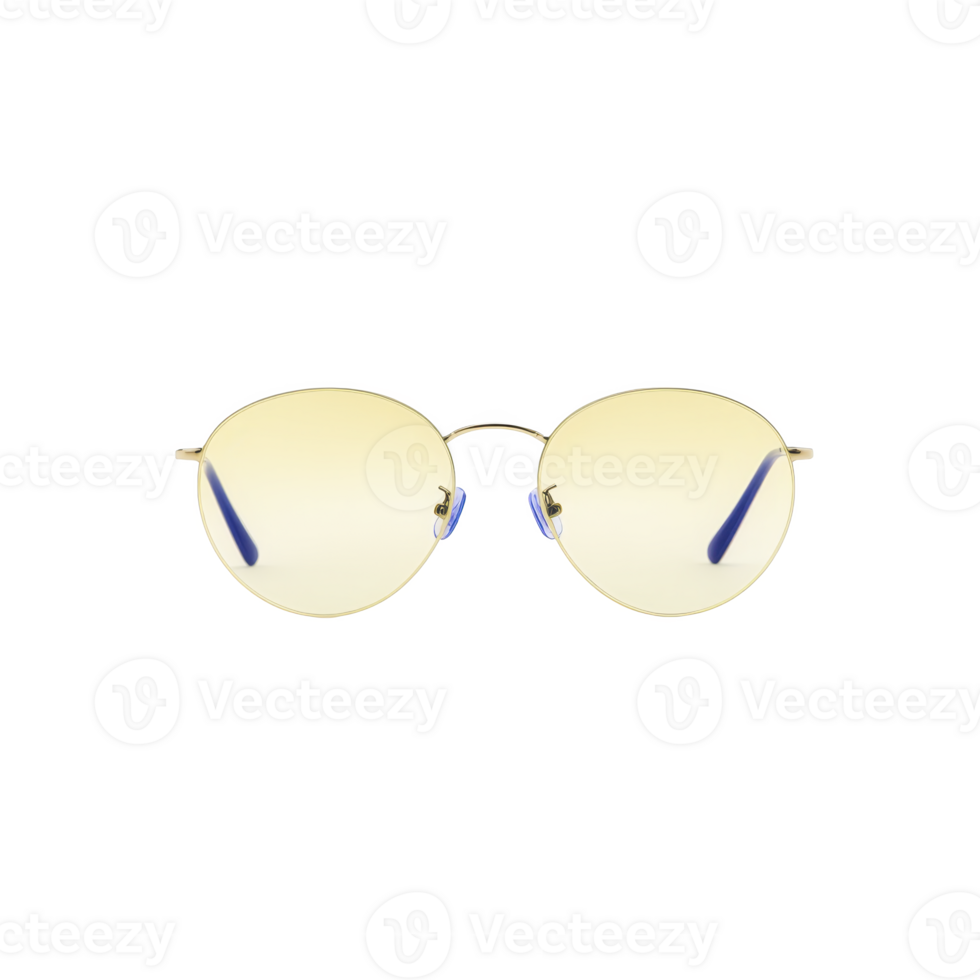 Round sunglasses with yellow tinted lenses and thin metal frames, featuring blue temple tips, isolated on transparency background. Stylish and modern accessory png