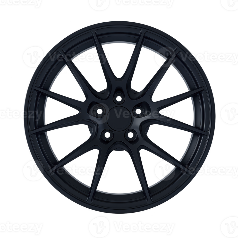 sleek black alloy wheel with modern, intricate spoke design, perfect for enhancing style of sports car or luxury vehicle. wheel glossy finish adds touch of elegance png
