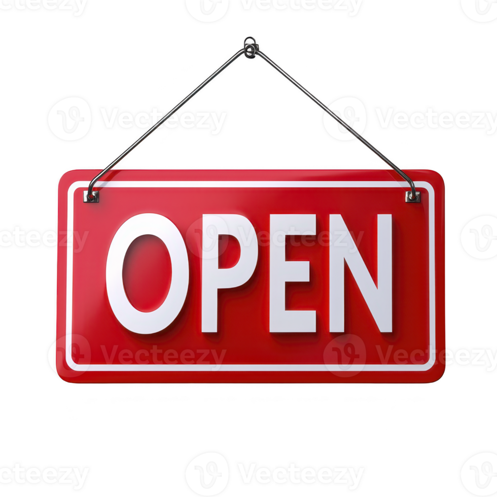 red open sign hangs invitingly, signaling that business is ready to welcome customers. bold white letters stand out against vibrant background, creating welcoming atmosphere png