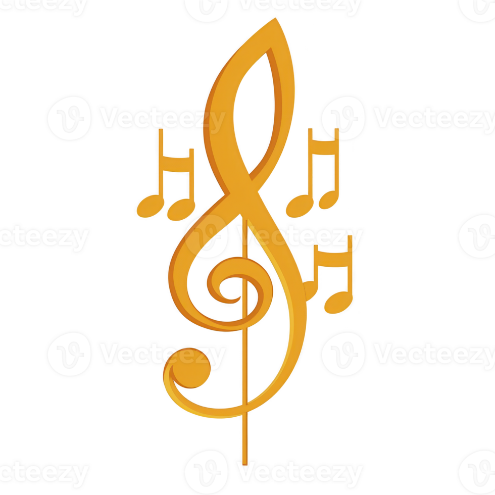 golden treble clef symbol with musical notes represents music and melody. design is elegant and artistic, often used in music related contexts to convey harmony and creativity png