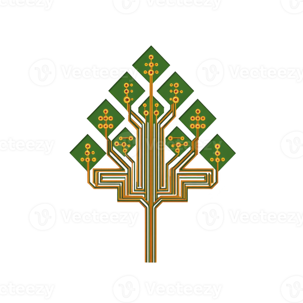 tree shaped circuit board design with green and gold elements symbolizes fusion of technology and nature, representing innovation and sustainability png