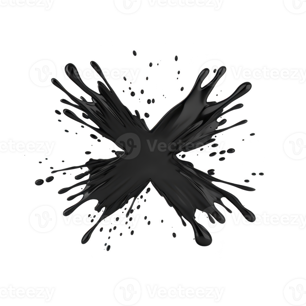 bold black paint splatter forms X shape against transparent background, creating striking and dynamic visual. splatter effect adds sense of movement and energy png
