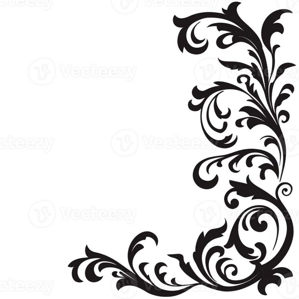 Elegant black floral corner design with intricate swirls and leaves, perfect for decorative purposes in invitations or stationery. ornate pattern adds touch of sophistication and style png