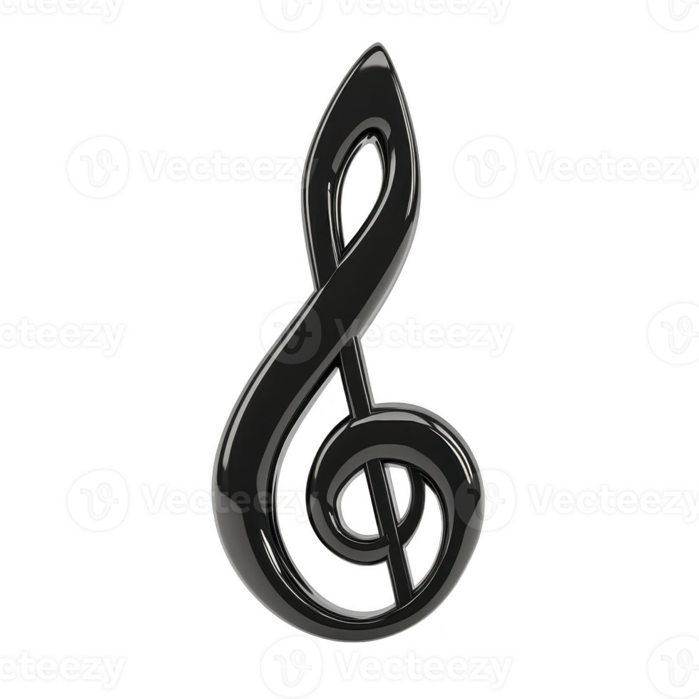 shiny black treble clef symbol stands out against transparency background, representing music and melody. sleek design and glossy finish give it modern and elegant appearance png