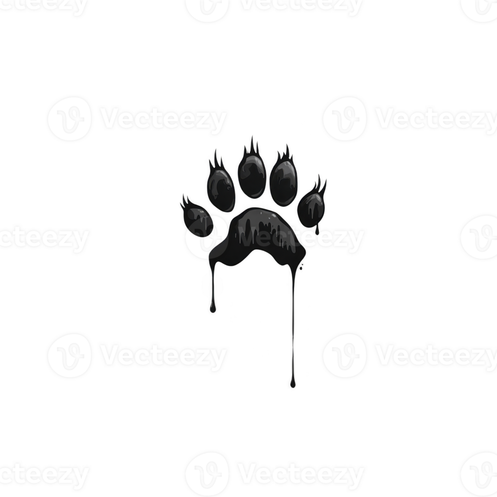 black paw print with dripping effect creates bold and artistic impression, symbolizing animals or pets. design is simple yet striking, evoking sense of mystery and creativity png