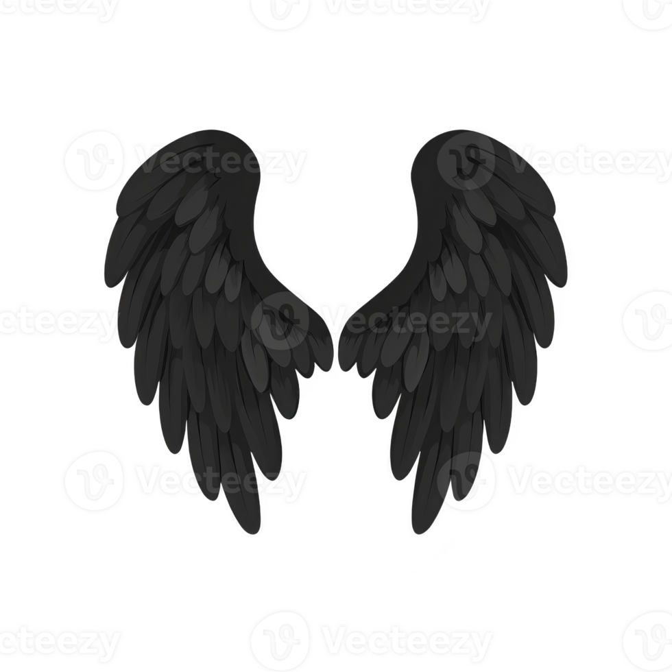 pair of black angel wings with soft, feathered texture, symbolizing mystery and elegance against transparent background png