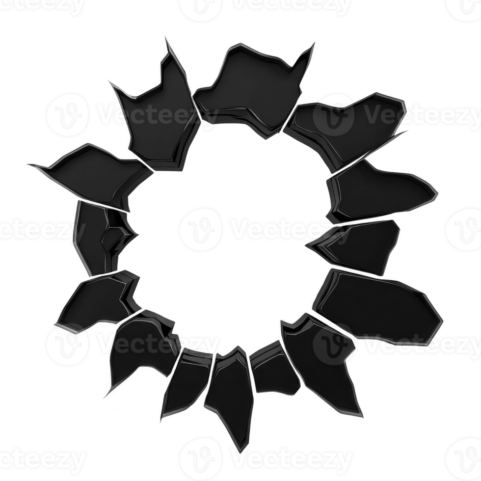 circular pattern of jagged, broken glass shards forms striking design, creating sense of impact and dynamic energy. dark, sharp edges contrast against lighter background png