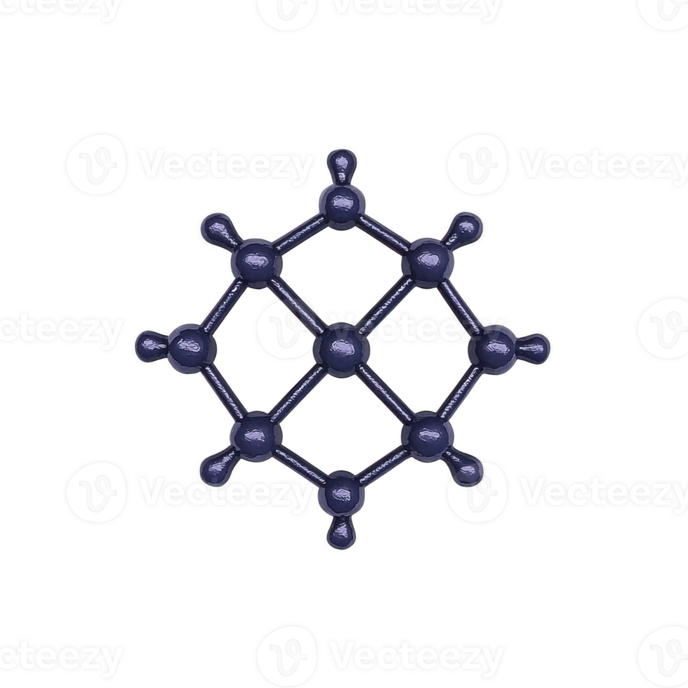 3D illustration of benzene molecule, showcasing its hexagonal ring structure with alternating single and double bonds, and hydrogen atoms attached. model is colored in shades of blue png