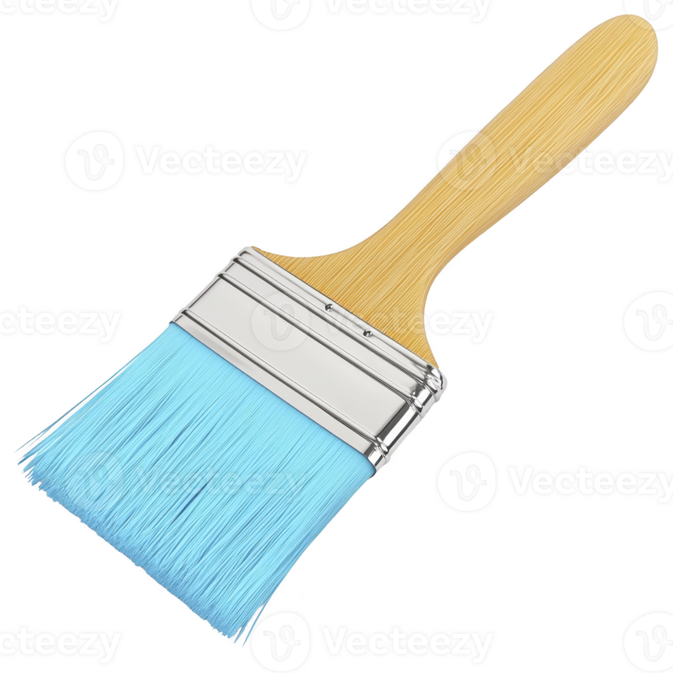 wooden handled paintbrush with soft blue bristles is isolated on transparency background, showcasing its clean and simple design png