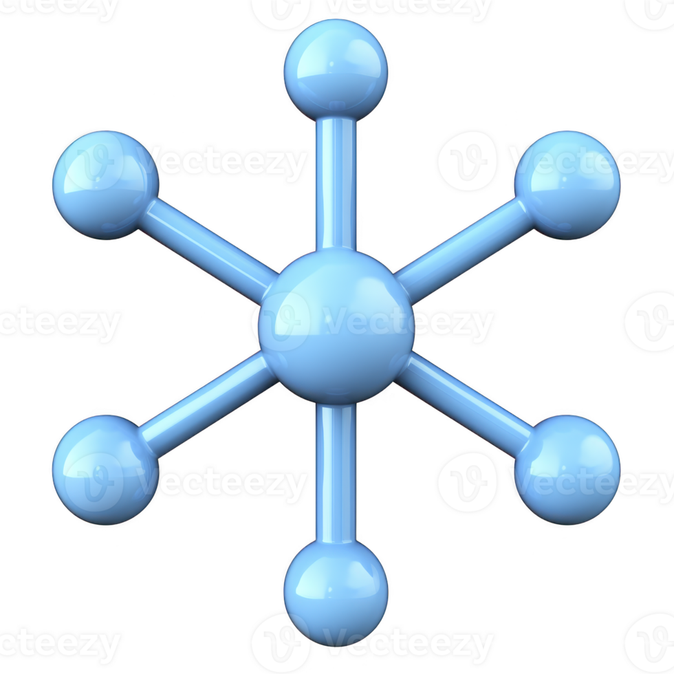 shiny blue 3D molecule model with central sphere connected to six outer spheres by rods, resembling abstract atomic structure png