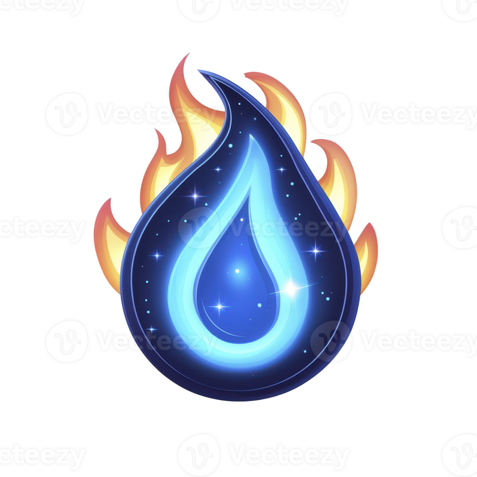 glowing blue water droplet with fiery outline creates striking contrast, symbolizing fusion of water and fire elements. design is enhanced with sparkling stars, adding magical touch png