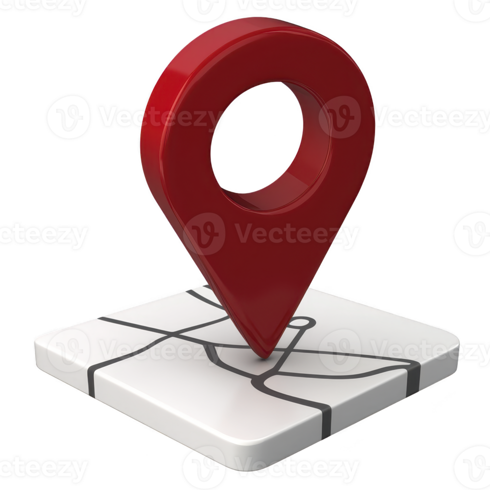 3D red map pin icon is placed on white square base with simple black line map design, symbolizing location or navigation. glossy finish adds modern touch png