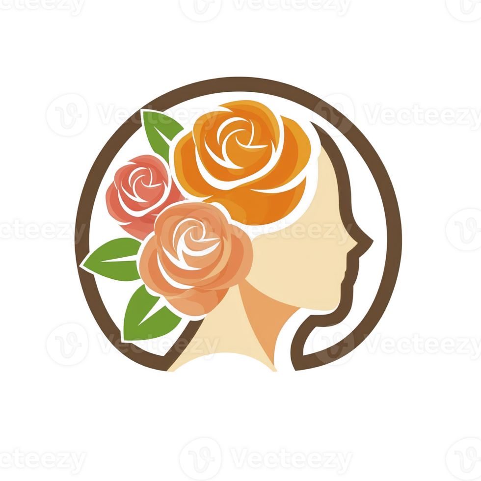 stylized illustration of woman profile is adorned with vibrant roses and leaves, set within circular frame. design combines elegance and nature, creating harmonious and artistic representation png