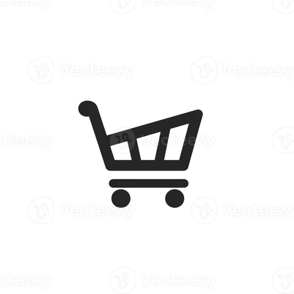 simple black shopping cart icon on transparent background, symbolizing online shopping or retail. cart is depicted with four wheels and handle, conveying minimalist design png