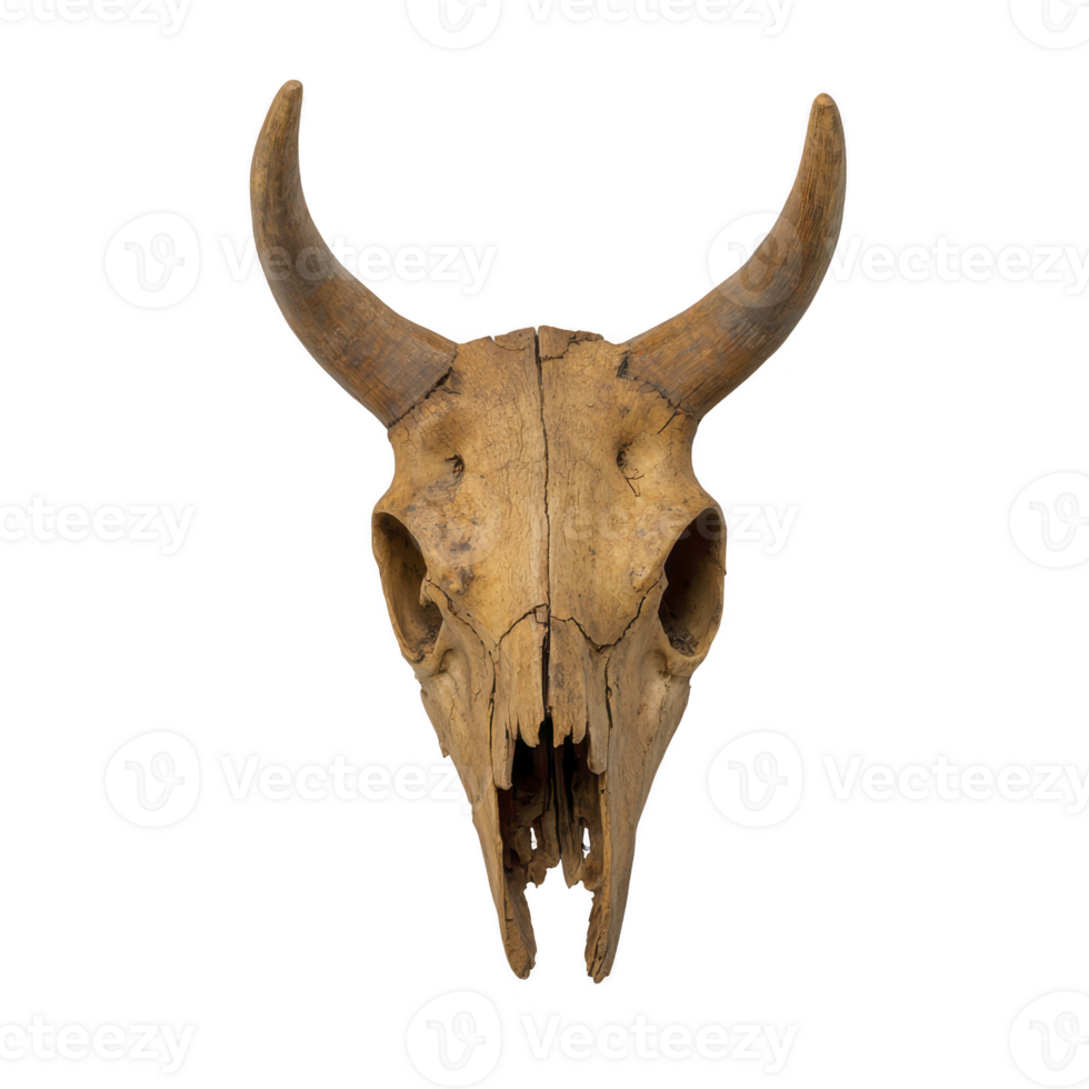 weathered animal skull with prominent horns, likely from cow or buffalo, is displayed against plain background. skull texture and color suggest age and exposure to elements png