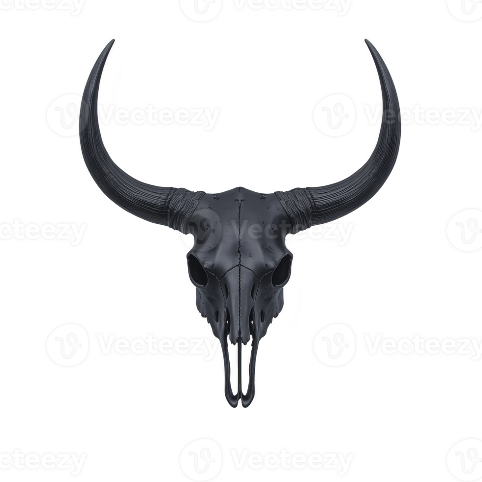 dark, stylized bull skull with long, curved horns is depicted against plain background, evoking sense of mystery and strength. intricate details highlight its artistic design png