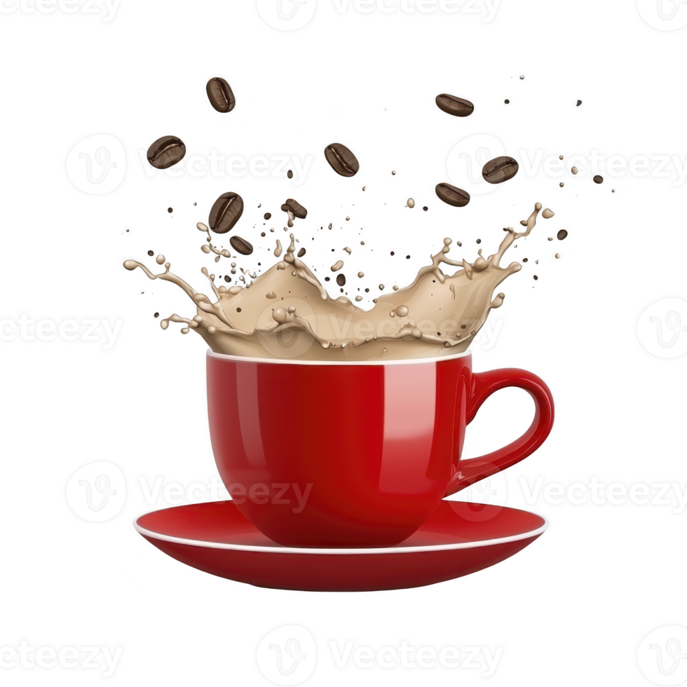 vibrant red cup with saucer is filled with splashing coffee, surrounded by flying coffee beans, creating dynamic and energetic scene png