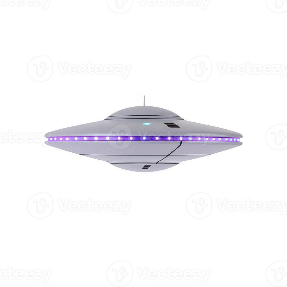 futuristic flying saucer with glowing purple lights hovers in mid air, showcasing sleek, metallic design. UFO smooth surface and vibrant illumination create sense of mystery and intrigue png