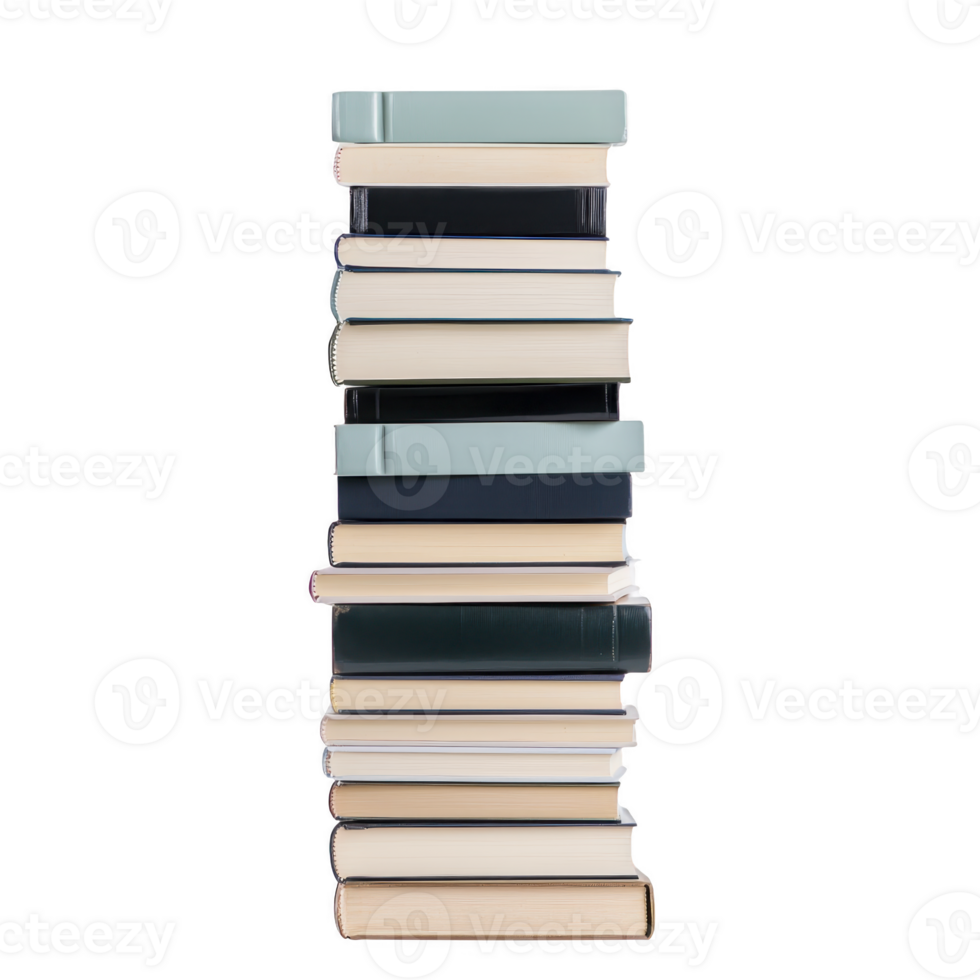tall stack of various books with colorful covers and visible pages is neatly arranged, showcasing mix of hardcovers and paperbacks. books are stacked vertically, creating organized and balanced png