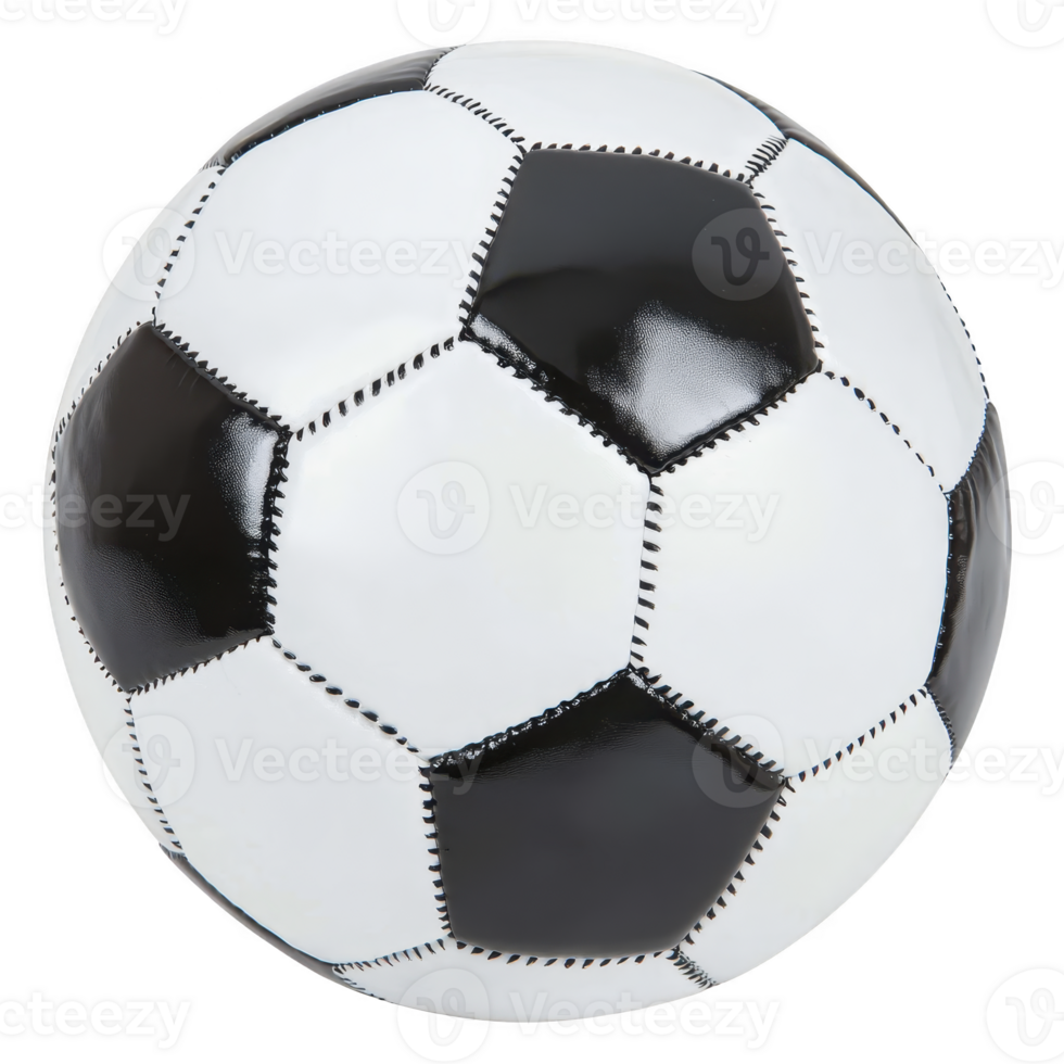 classic black and white soccer ball with hexagonal and pentagonal panels, commonly used in football games, is shown. ball design is iconic and widely recognized in sports png