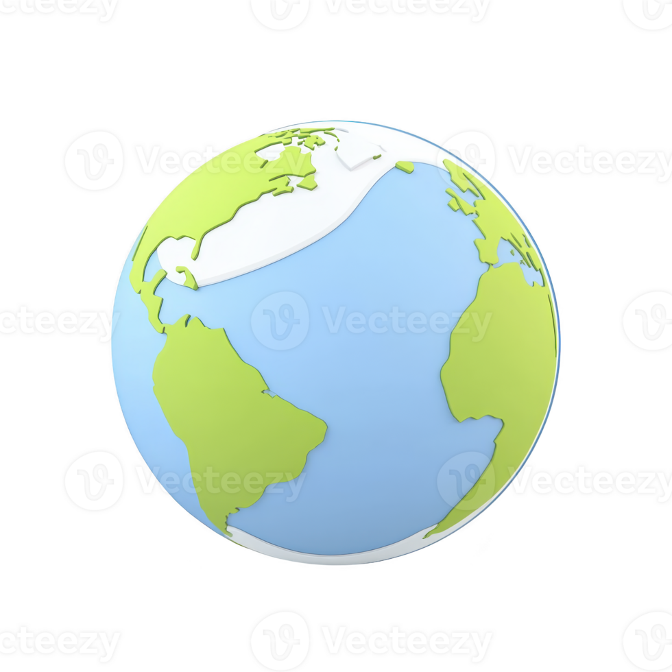 stylized globe illustration features simplified continents in green and oceans in blue, representing Earth. design is minimalistic and modern, emphasizing clean and educational aesthetic png