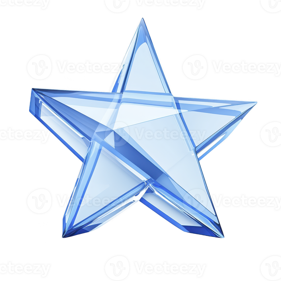 shiny, transparent blue glass star with faceted design reflects light beautifully, creating sparkling effect. star geometric shape and smooth surface give it modern and elegant appearance png