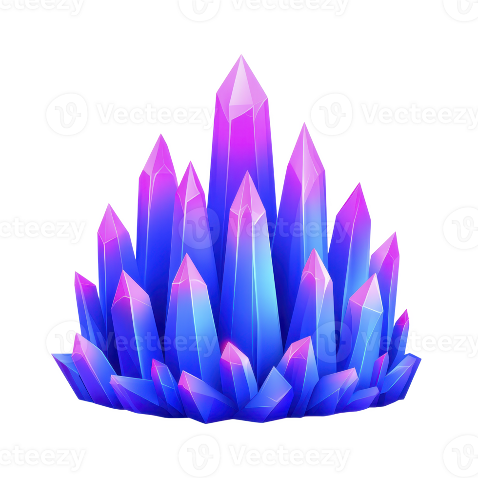 Vibrant cluster of glowing blue and purple crystals with sharp edges, creating mystical and enchanting appearance. crystals are arranged in dynamic formation, reflecting light beautifully png