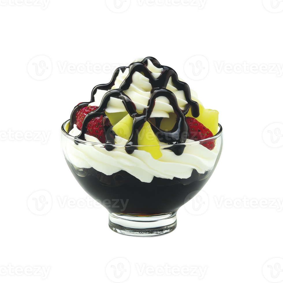 glass bowl filled with creamy vanilla ice cream is topped with fresh strawberries and pineapple chunks, drizzled with rich chocolate syrup, creating delightful dessert png
