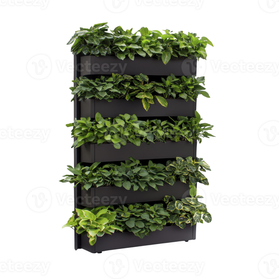 vertical garden with lush green plants arranged on multiple shelves, creating vibrant and refreshing display. Ideal for indoor or outdoor spaces, adding touch of nature and tranquility png