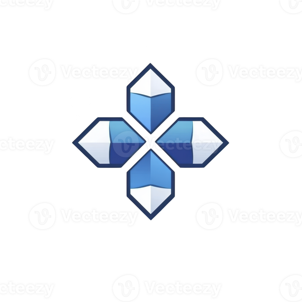 This features geometric design with four blue and white 3D shapes arranged symmetrically, resembling cross or plus sign. shapes have glossy finish, creating modern and sleek appearance png