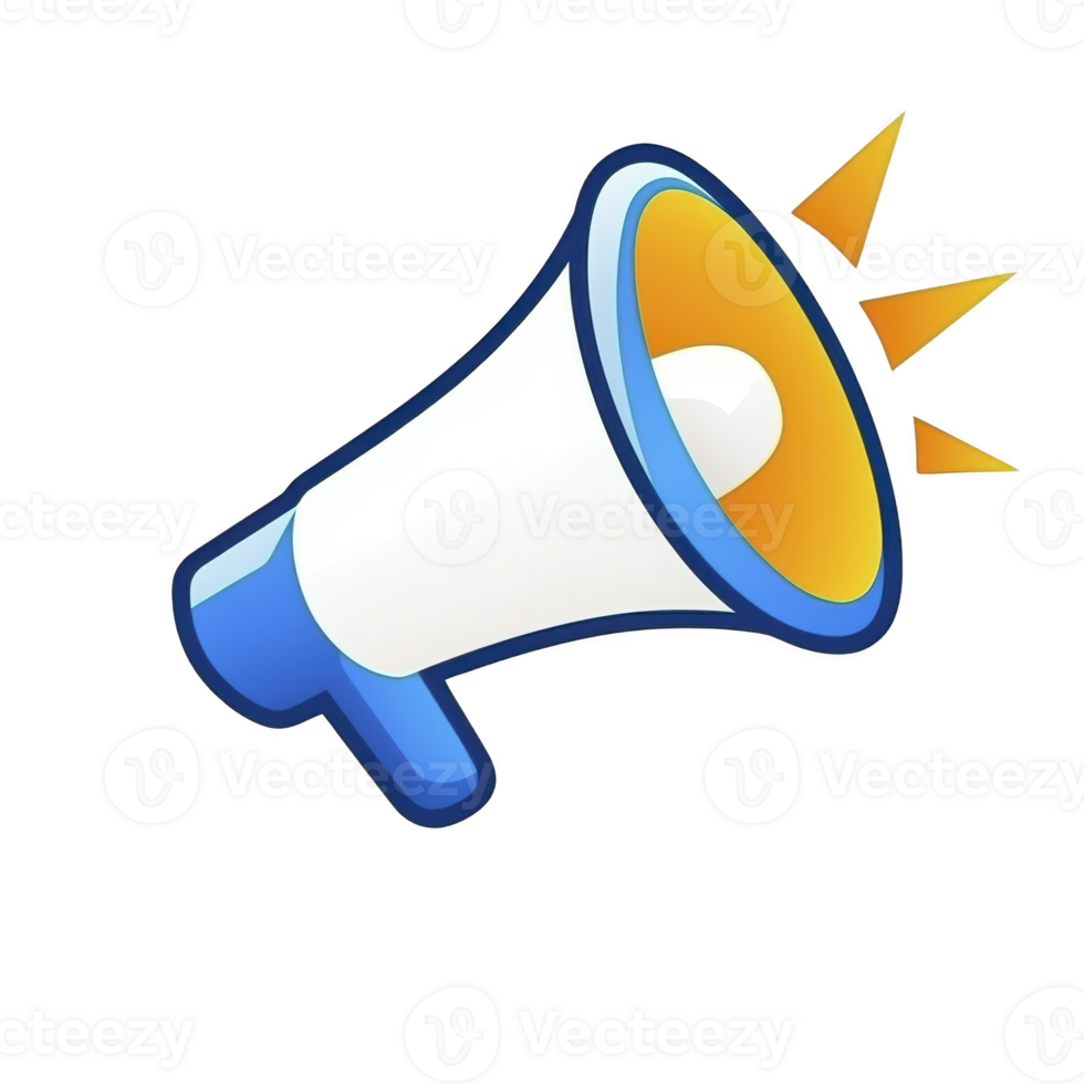 blue and white megaphone icon with orange sound waves symbolizes communication and announcements. design is simple and modern, conveying sense of urgency and attention png